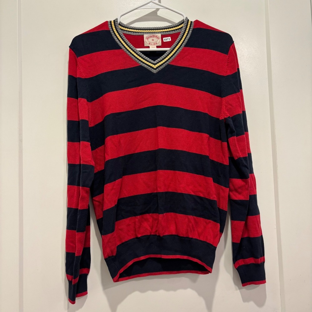 Brooks Brothers Mens V-Neck Striped Sweater Red Navy Blue Preppy Varsity Small